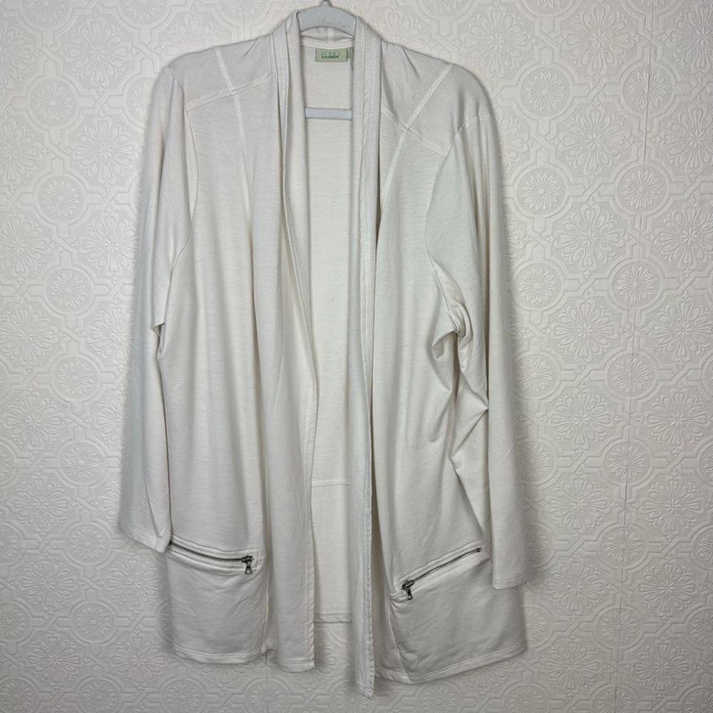 Logo Lounge Lori Goldstein French Terry Open Cardigan Sweater Cream Whiter 3X